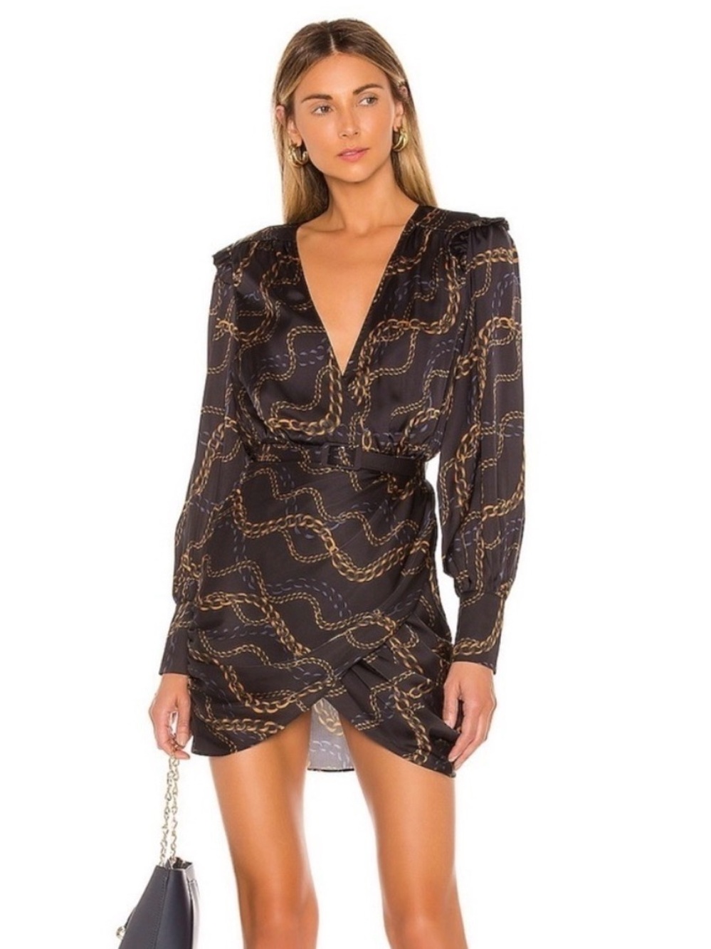 L'Academie Black and Gold Chain-Print Mini Wrap Dress